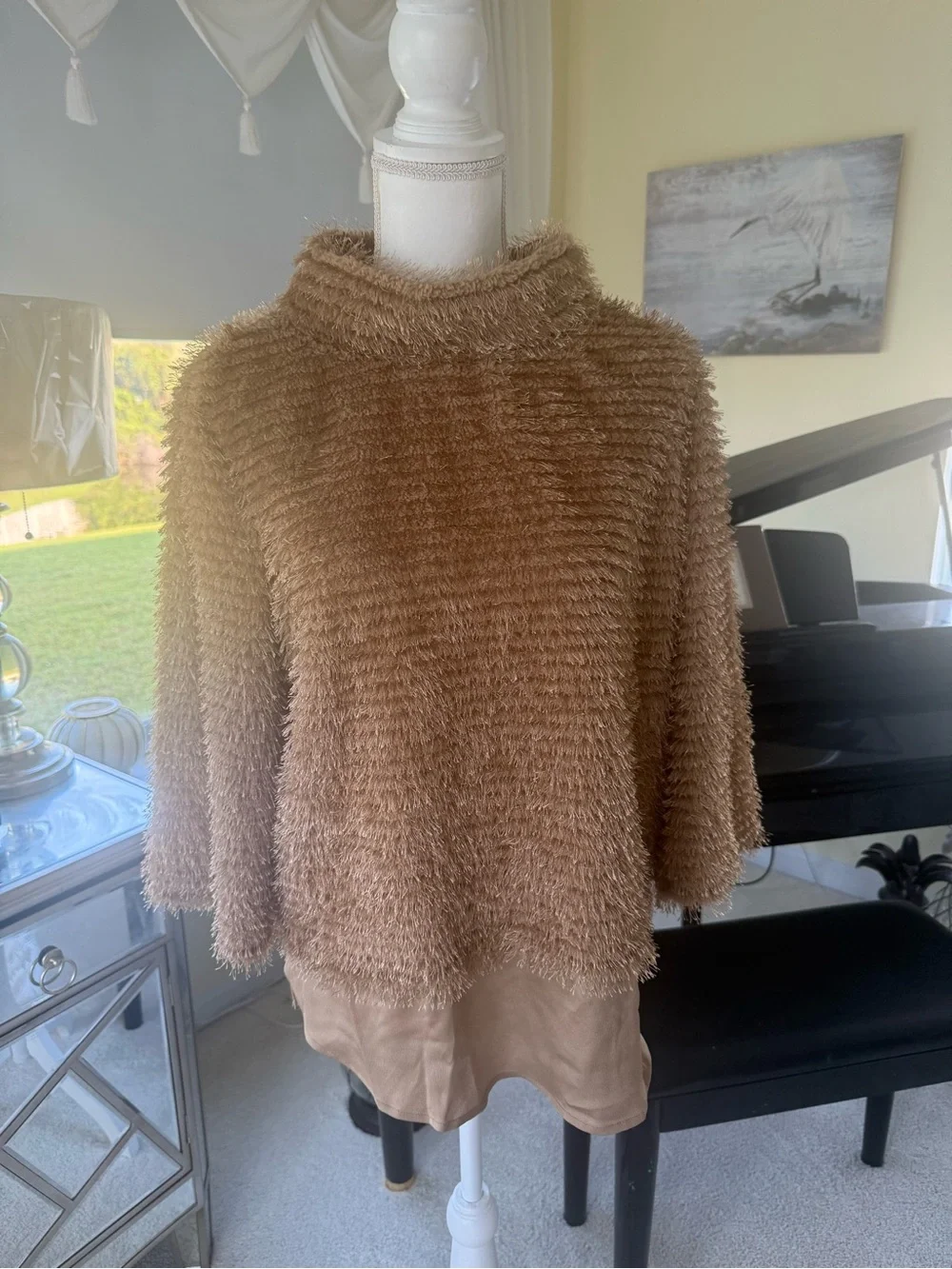 Vince Camuto tan brown textured eyelash knit, fluffy cowl neck tunic sweater
